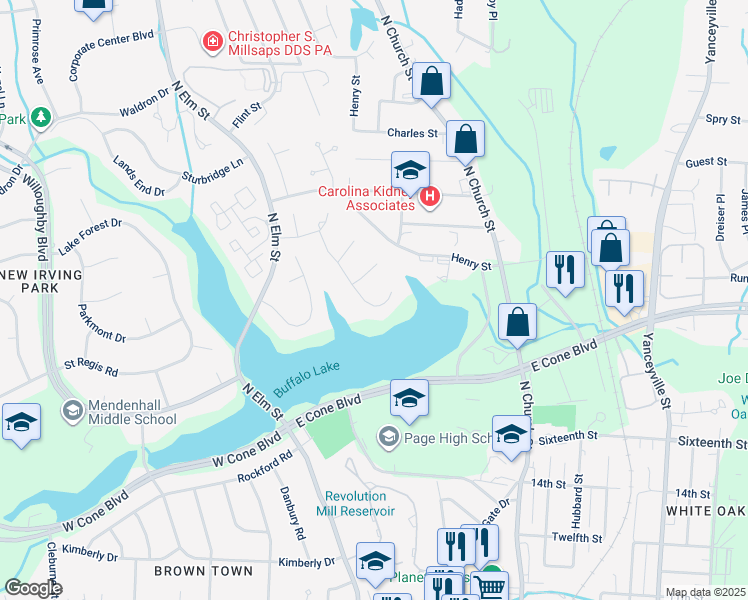 map of restaurants, bars, coffee shops, grocery stores, and more near 17 Loch Ridge Drive in Greensboro