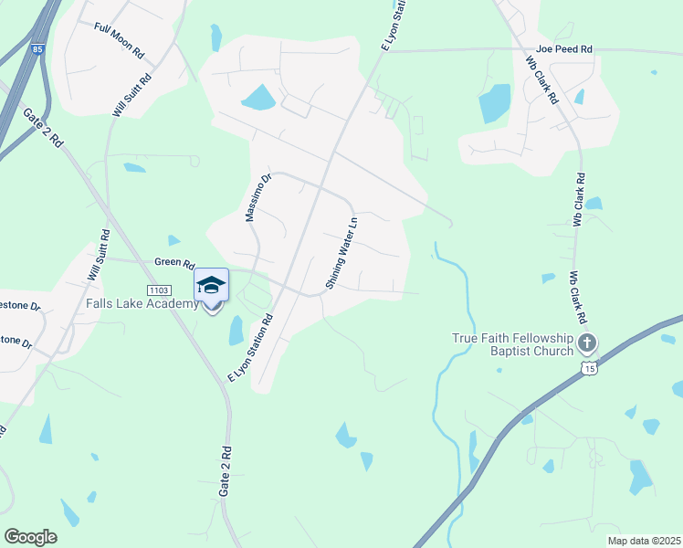 map of restaurants, bars, coffee shops, grocery stores, and more near 1198 Shining Water Lane in Creedmoor