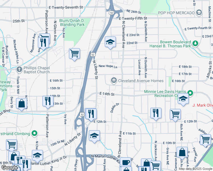 map of restaurants, bars, coffee shops, grocery stores, and more near 1094 East Fifteenth Street in Winston-Salem