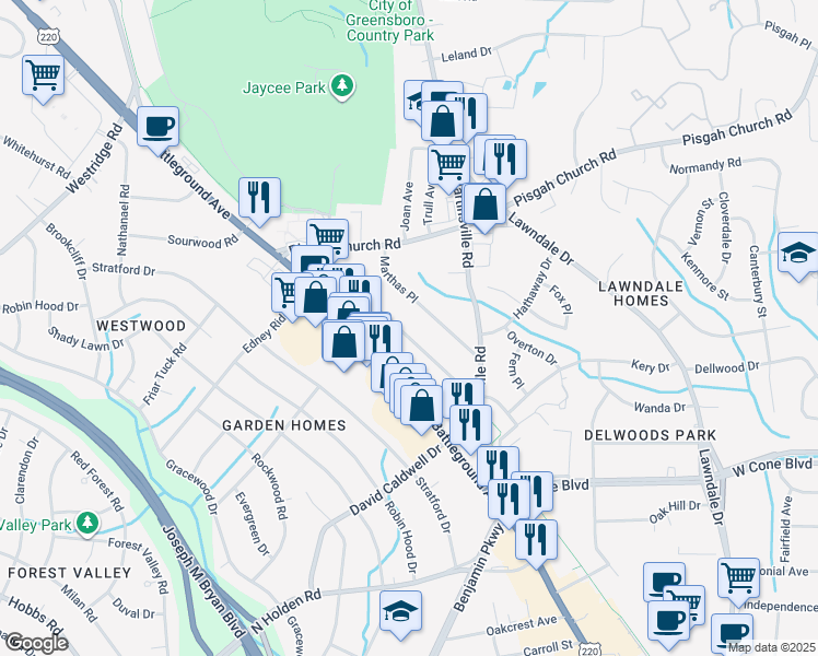 map of restaurants, bars, coffee shops, grocery stores, and more near 2930 Isaacs Place in Greensboro