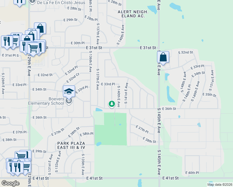map of restaurants, bars, coffee shops, grocery stores, and more near 3325 South 139th East Avenue in Tulsa
