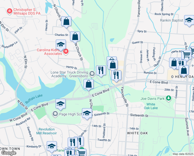 map of restaurants, bars, coffee shops, grocery stores, and more near 2701 Executive Square in Greensboro