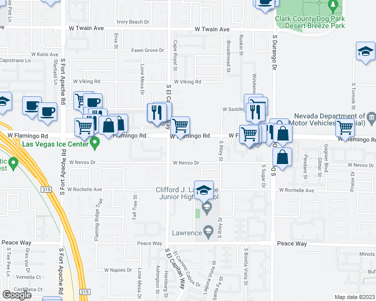 map of restaurants, bars, coffee shops, grocery stores, and more near 8925 West Flamingo Road in Las Vegas