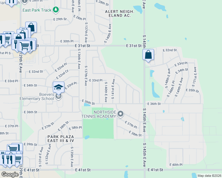 map of restaurants, bars, coffee shops, grocery stores, and more near 3346 South 141st East Avenue in Tulsa