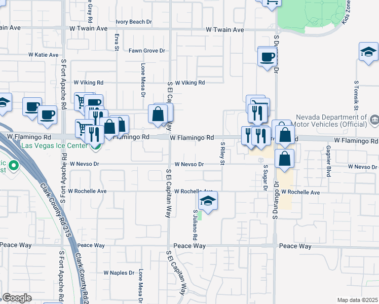 map of restaurants, bars, coffee shops, grocery stores, and more near 8925 West Flamingo Road in Las Vegas