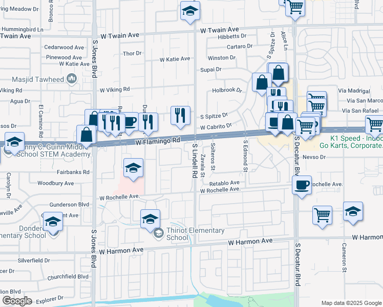 map of restaurants, bars, coffee shops, grocery stores, and more near 5525 West Flamingo Road in Las Vegas