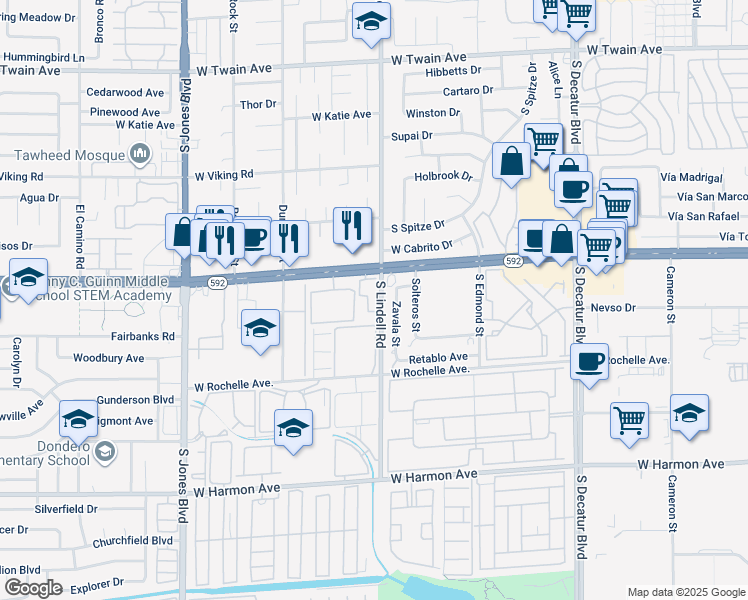 map of restaurants, bars, coffee shops, grocery stores, and more near 5525 West Flamingo Road in Las Vegas