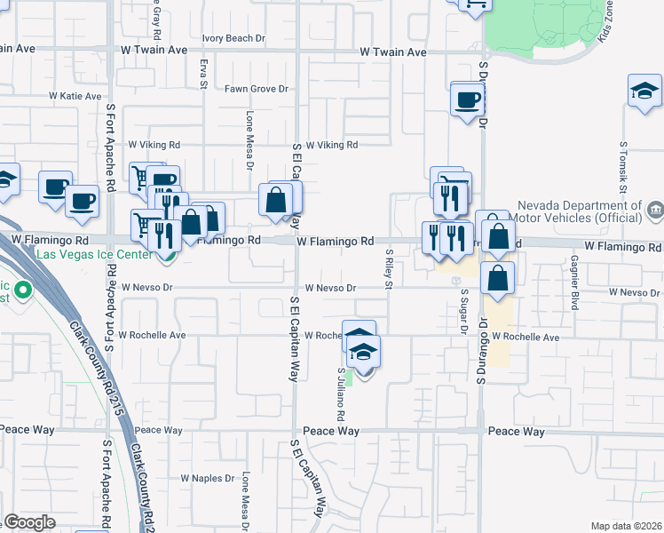 map of restaurants, bars, coffee shops, grocery stores, and more near 8987 West Flamingo Road in Las Vegas