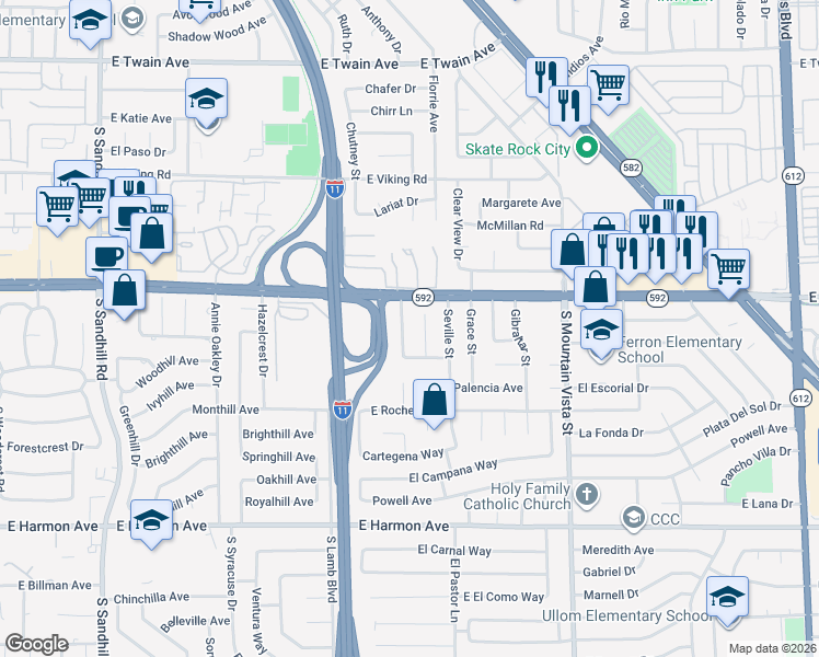map of restaurants, bars, coffee shops, grocery stores, and more near 4154 Don Bonito Street in Las Vegas