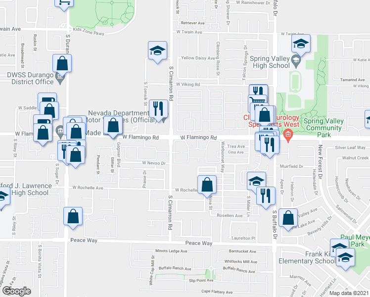map of restaurants, bars, coffee shops, grocery stores, and more near 8101 West Flamingo Road in Las Vegas