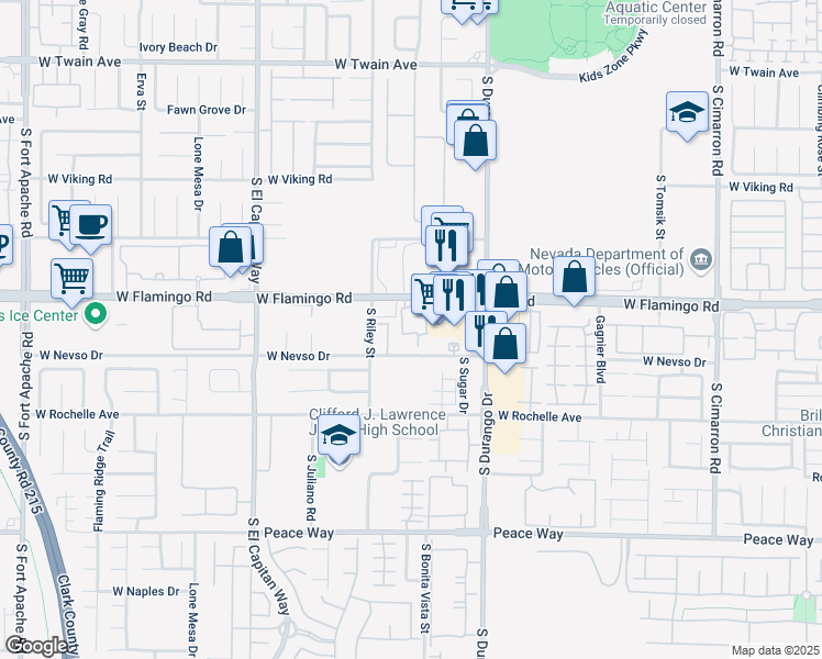 map of restaurants, bars, coffee shops, grocery stores, and more near 8755 West Flamingo Road in Las Vegas