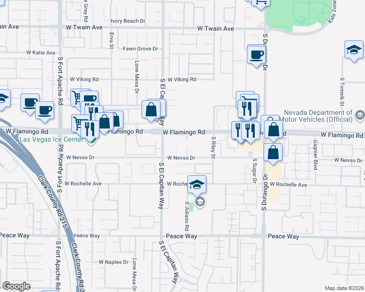 map of restaurants, bars, coffee shops, grocery stores, and more near 8987 West Flamingo Road in Las Vegas