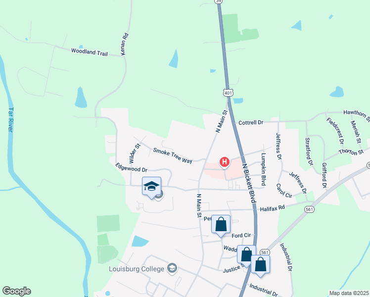 map of restaurants, bars, coffee shops, grocery stores, and more near 114 Smoke Tree Way in Louisburg