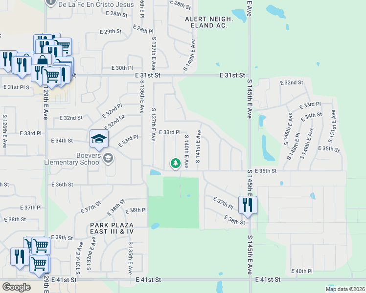 map of restaurants, bars, coffee shops, grocery stores, and more near 3325 South 139th East Avenue in Tulsa