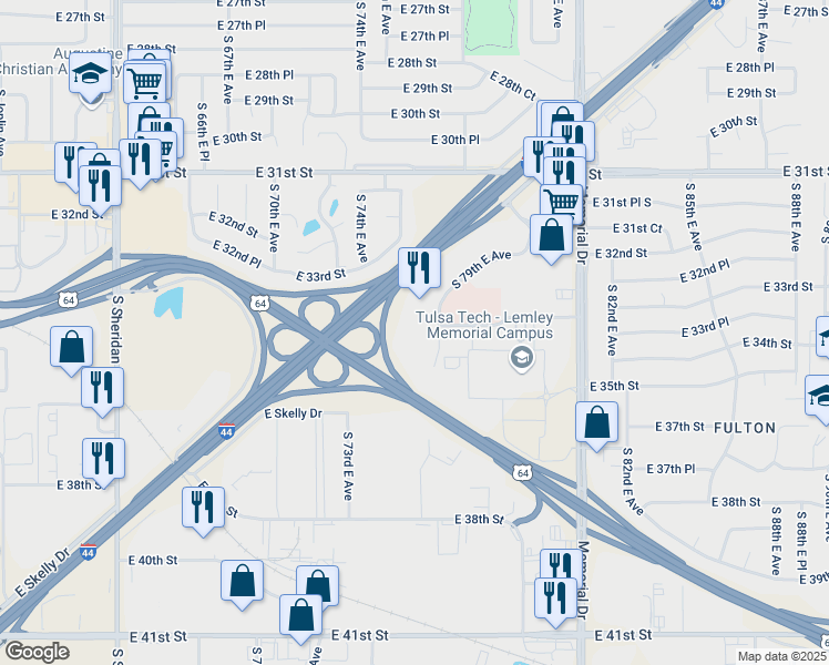 map of restaurants, bars, coffee shops, grocery stores, and more near 3340 South 79th East Avenue in Tulsa