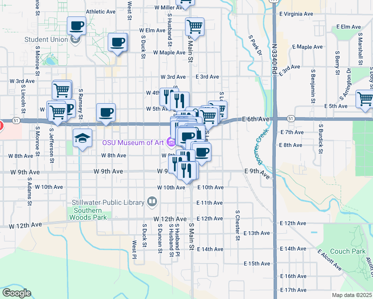 map of restaurants, bars, coffee shops, grocery stores, and more near 623 South Main Street in Stillwater