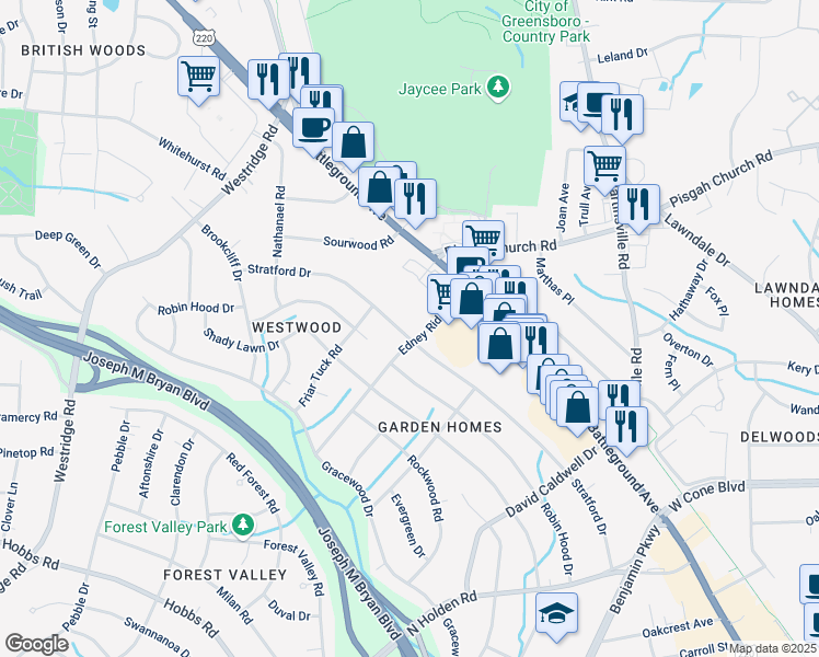 map of restaurants, bars, coffee shops, grocery stores, and more near 2902 Stratford Drive in Greensboro