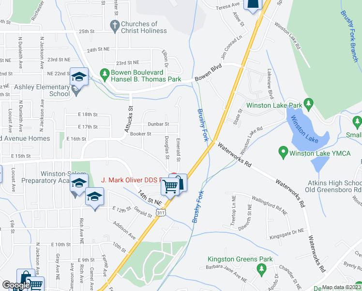 map of restaurants, bars, coffee shops, grocery stores, and more near 1451 Emerald Street in Winston-Salem