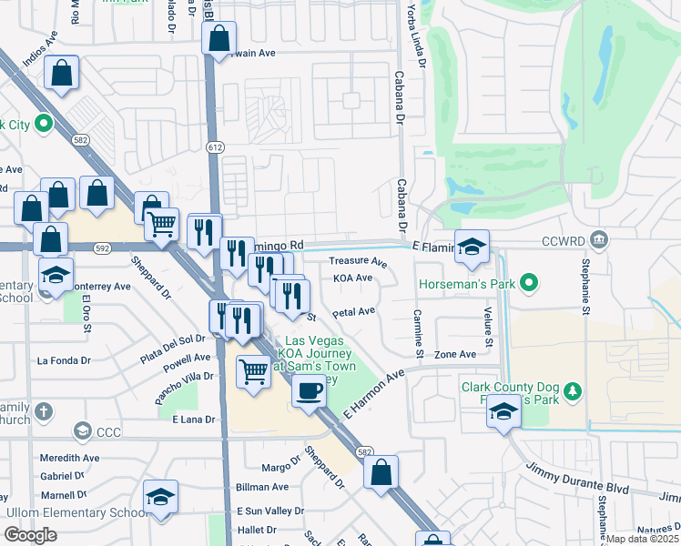 map of restaurants, bars, coffee shops, grocery stores, and more near 5240 Koa Avenue in Las Vegas