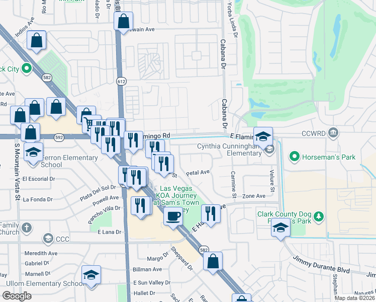 map of restaurants, bars, coffee shops, grocery stores, and more near 5228 Koa Avenue in Las Vegas