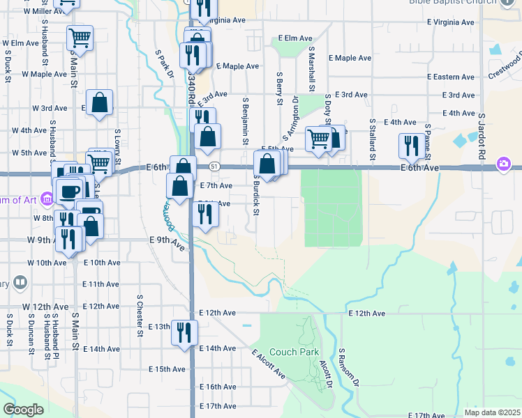 map of restaurants, bars, coffee shops, grocery stores, and more near 809 South Burdick Street in Stillwater