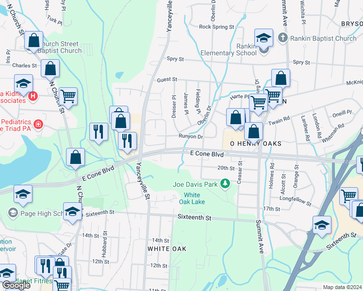 map of restaurants, bars, coffee shops, grocery stores, and more near 1315 East Cone Boulevard in Greensboro