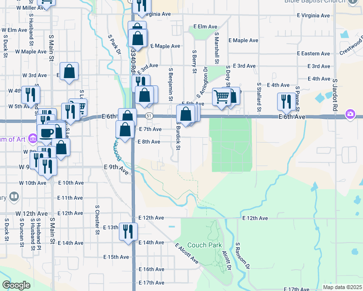 map of restaurants, bars, coffee shops, grocery stores, and more near 809 South Burdick Street in Stillwater