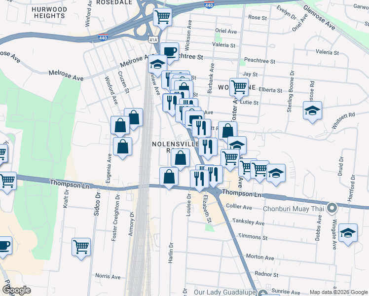map of restaurants, bars, coffee shops, grocery stores, and more near 2704 Grandview Avenue in Nashville