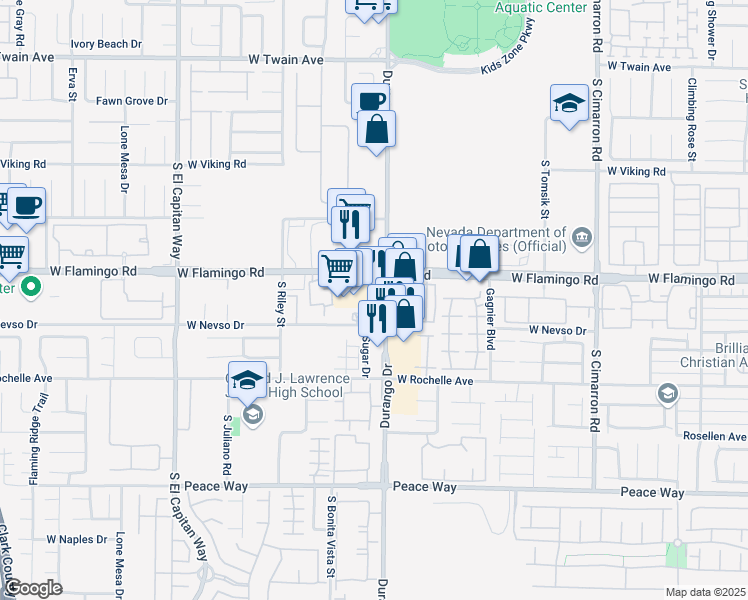 map of restaurants, bars, coffee shops, grocery stores, and more near 4145 South Durango Drive in Las Vegas