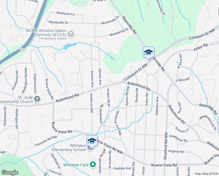 map of restaurants, bars, coffee shops, grocery stores, and more near 2568 Robinhood Road in Winston-Salem