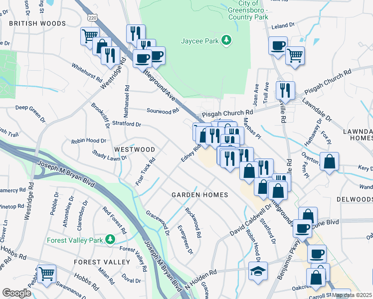 map of restaurants, bars, coffee shops, grocery stores, and more near 2902 Stratford Drive in Greensboro