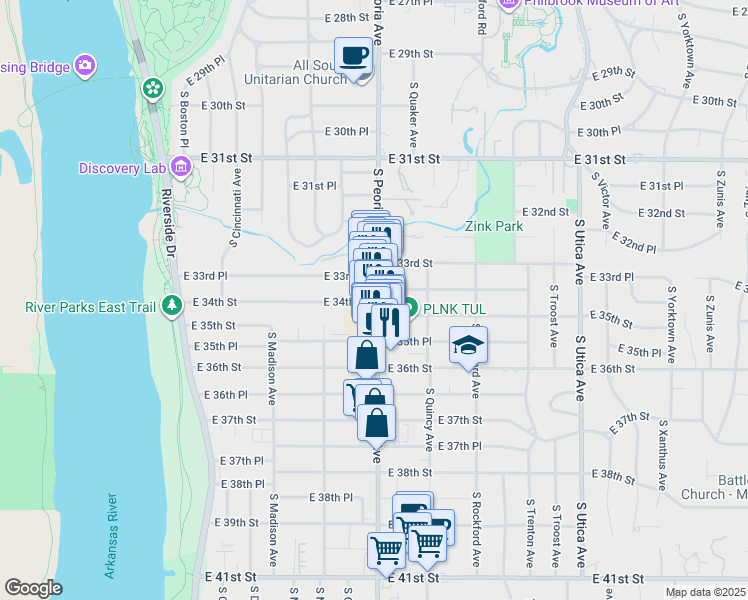 map of restaurants, bars, coffee shops, grocery stores, and more near 3348 South Peoria Avenue in Tulsa