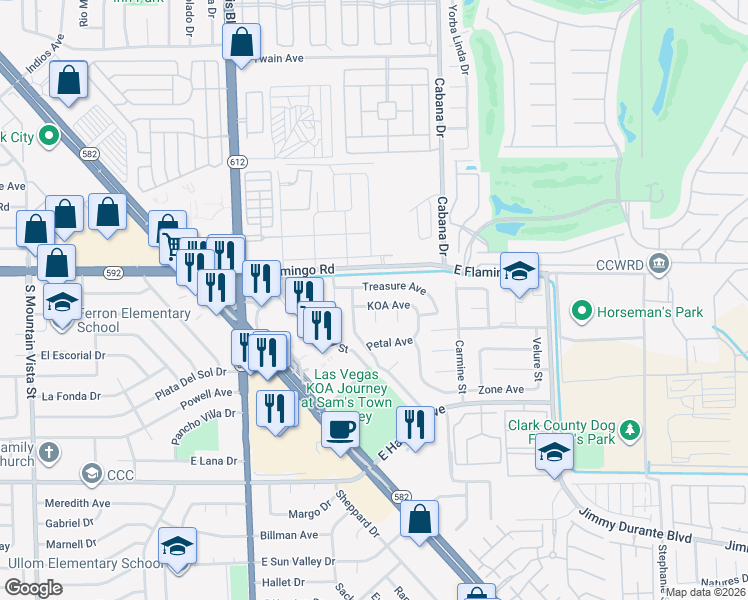 map of restaurants, bars, coffee shops, grocery stores, and more near 5240 Koa Avenue in Las Vegas