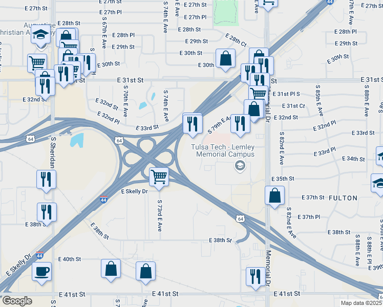 map of restaurants, bars, coffee shops, grocery stores, and more near 3340 South 79th East Avenue in Tulsa