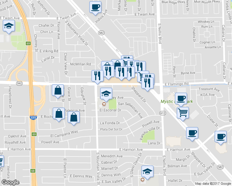 map of restaurants, bars, coffee shops, grocery stores, and more near 4721 El Tesoro Avenue in Las Vegas
