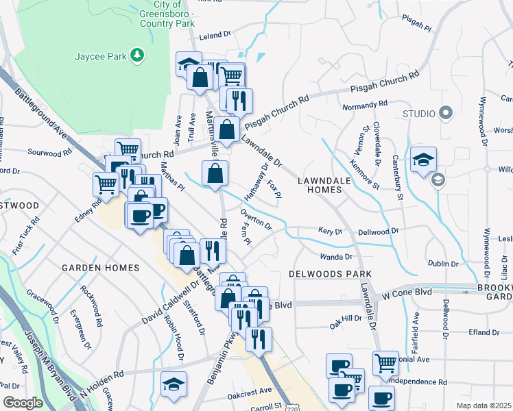 map of restaurants, bars, coffee shops, grocery stores, and more near 2309 Running Brook Drive in Greensboro