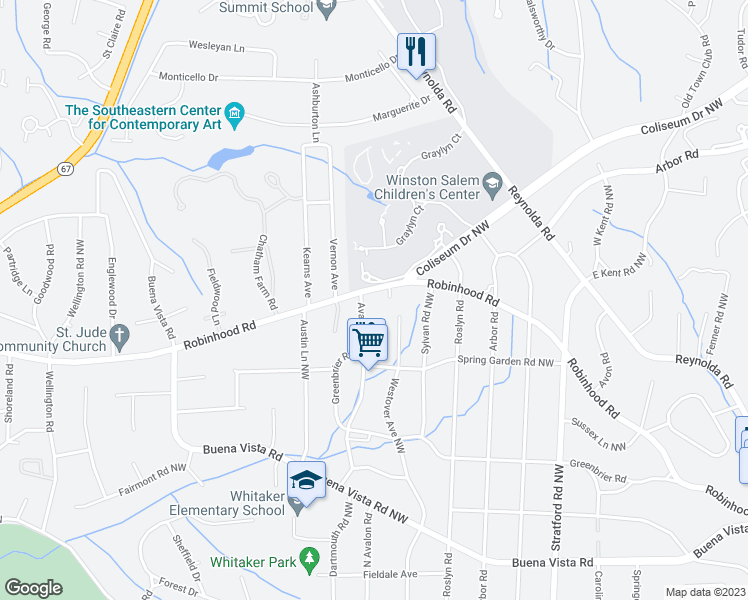 map of restaurants, bars, coffee shops, grocery stores, and more near 2564 Robinhood Road in Winston-Salem