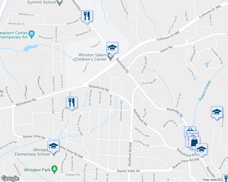 map of restaurants, bars, coffee shops, grocery stores, and more near 901 Arbor Road in Winston-Salem