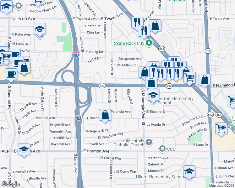 map of restaurants, bars, coffee shops, grocery stores, and more near 4154 Grace Street in Las Vegas