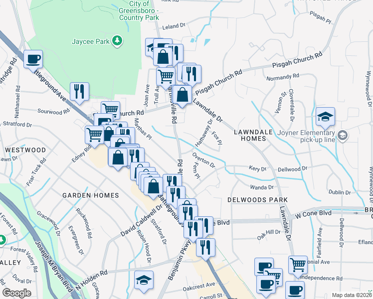 map of restaurants, bars, coffee shops, grocery stores, and more near 2306 Hathaway Drive in Greensboro