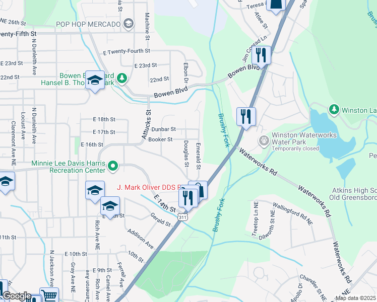 map of restaurants, bars, coffee shops, grocery stores, and more near 1449 Douglas Street in Winston-Salem