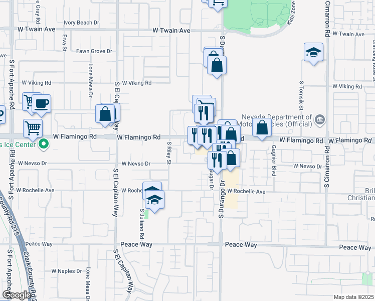 map of restaurants, bars, coffee shops, grocery stores, and more near 8755 West Flamingo Road in Las Vegas
