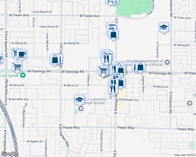map of restaurants, bars, coffee shops, grocery stores, and more near 8725 West Flamingo Road in Las Vegas