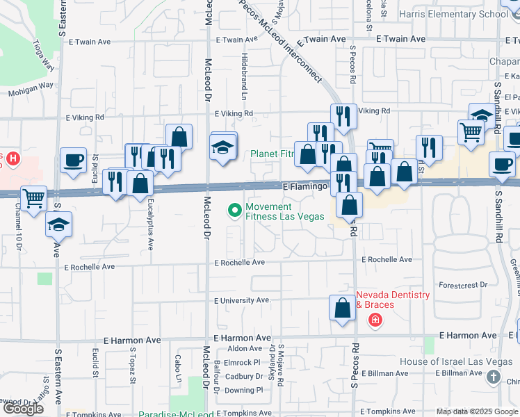 map of restaurants, bars, coffee shops, grocery stores, and more near 3145 East Flamingo Road in Las Vegas