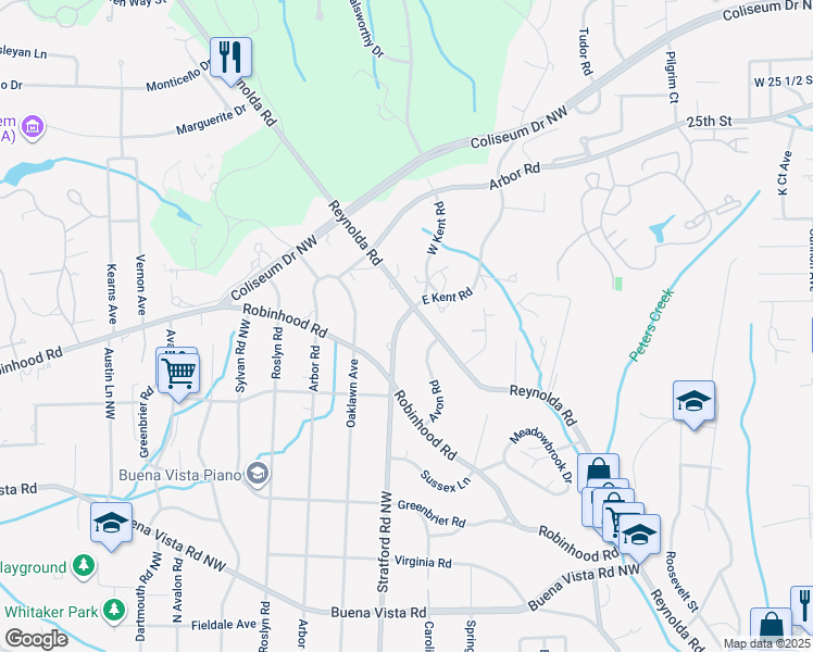 map of restaurants, bars, coffee shops, grocery stores, and more near 949 Stratford Rd N in Winston-Salem