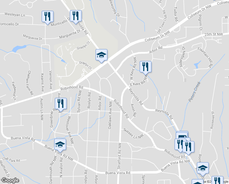map of restaurants, bars, coffee shops, grocery stores, and more near 917 Oaklawn Avenue Northwest in Winston-Salem
