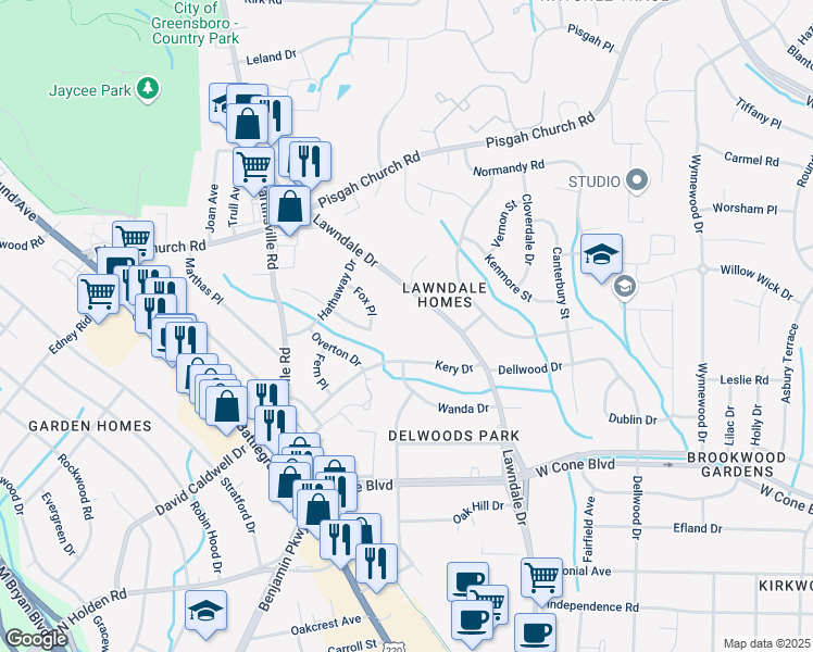 map of restaurants, bars, coffee shops, grocery stores, and more near 3505 Lawndale Drive in Greensboro