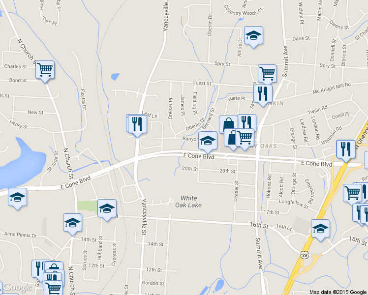 map of restaurants, bars, coffee shops, grocery stores, and more near 1315 East Cone Boulevard in Greensboro