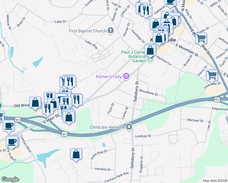 map of restaurants, bars, coffee shops, grocery stores, and more near 605 South Main Street in Kernersville