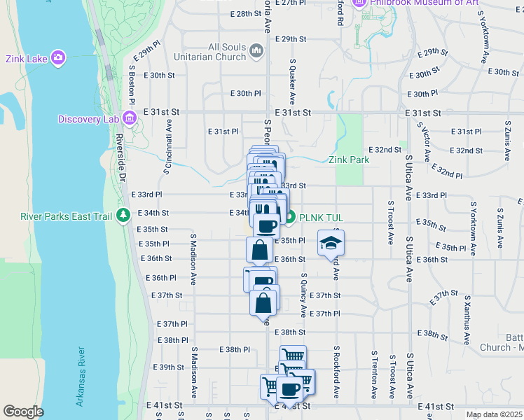 map of restaurants, bars, coffee shops, grocery stores, and more near 3348 South Peoria Avenue in Tulsa